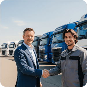 Two businessmen shaking hands in front of blue trucks