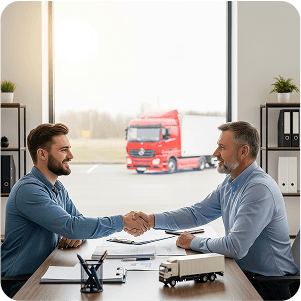 Two businessmen shaking hands in front of blue trucks